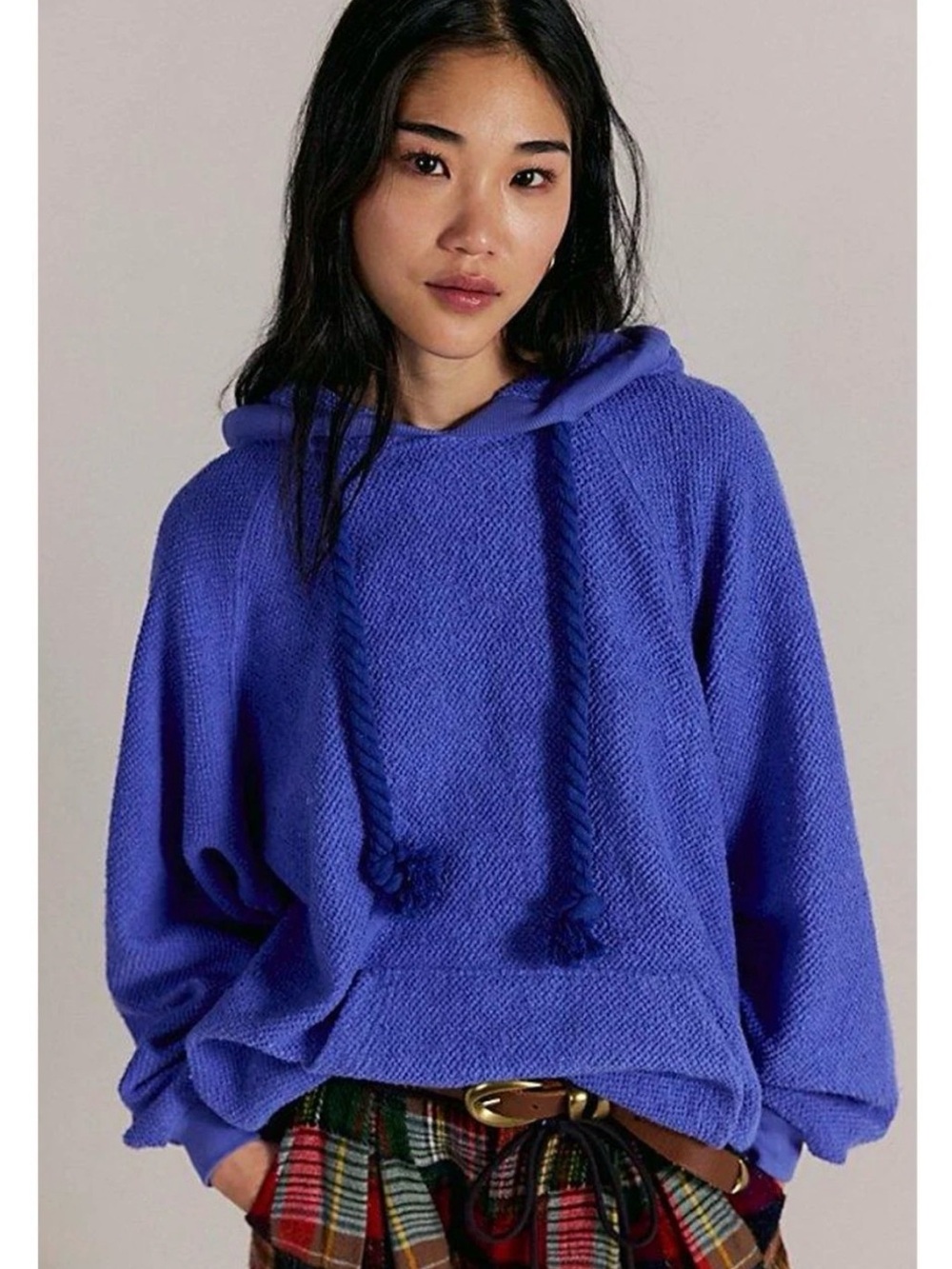 Free People Looped In Blue Iris Hooded Kangaroo Pocket Oversized Sweatshirt M